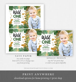 Editable Wild One Birthday Invitation Dinosaur Dino Party Boy 1st First Birthday Green Gold Born to be Wild Corjl Template Printable 0146