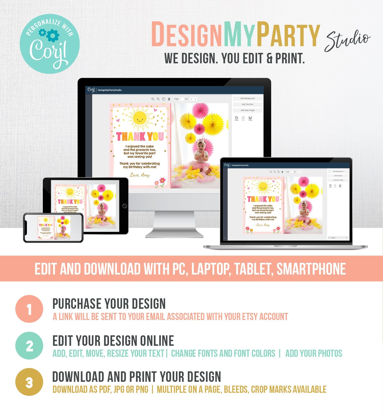 Editable Sunshine Thank you Card Sunshine Lemonade Birthday Summer Sun Pink Thank You Card Birthday Template Instant Download Corjl 0070