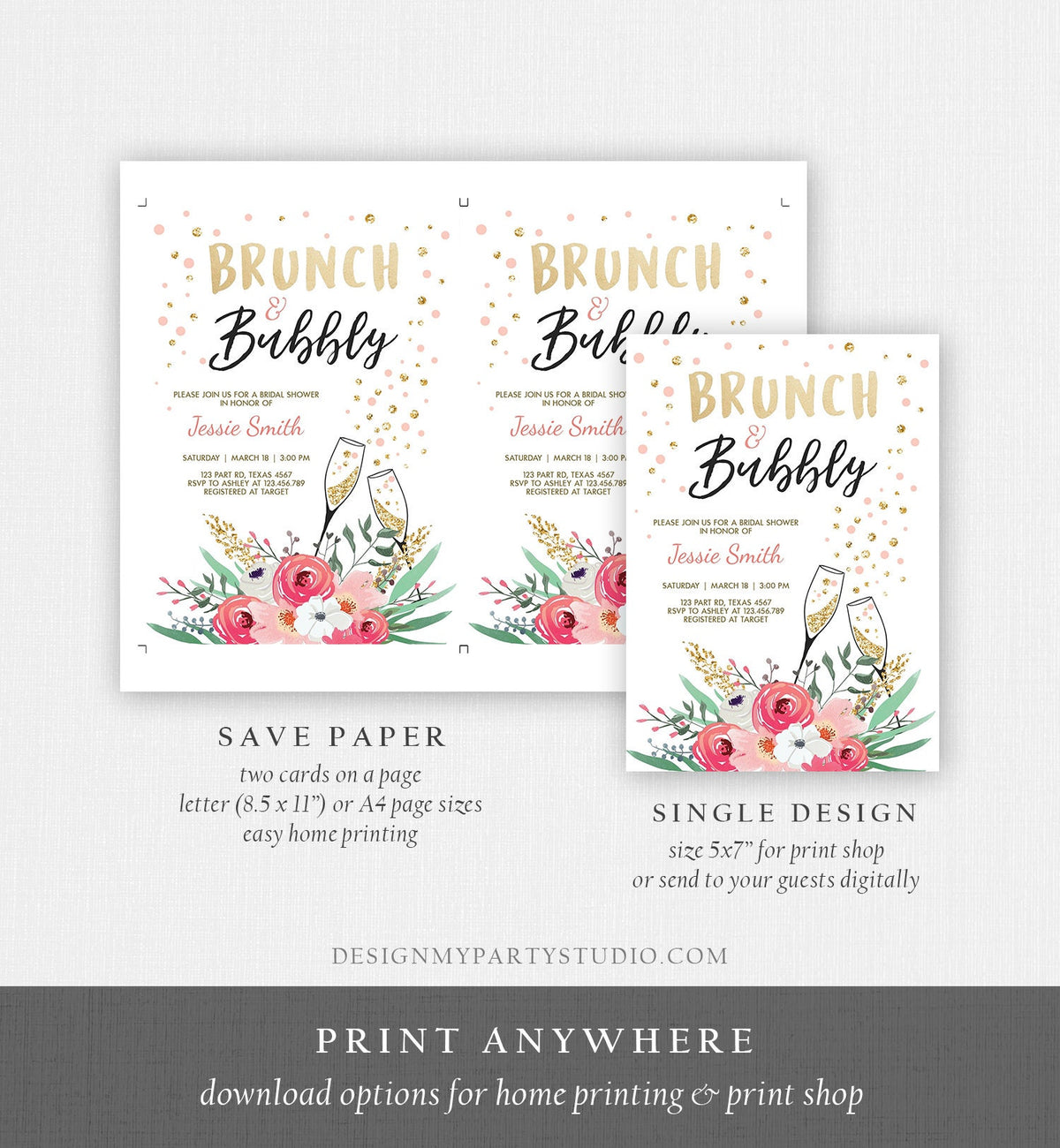 Editable Brunch and Bubbly Bridal Shower Invitation Floral Champagne Tea Party Gold Pink Wedding Digital Download Template Printable 0318