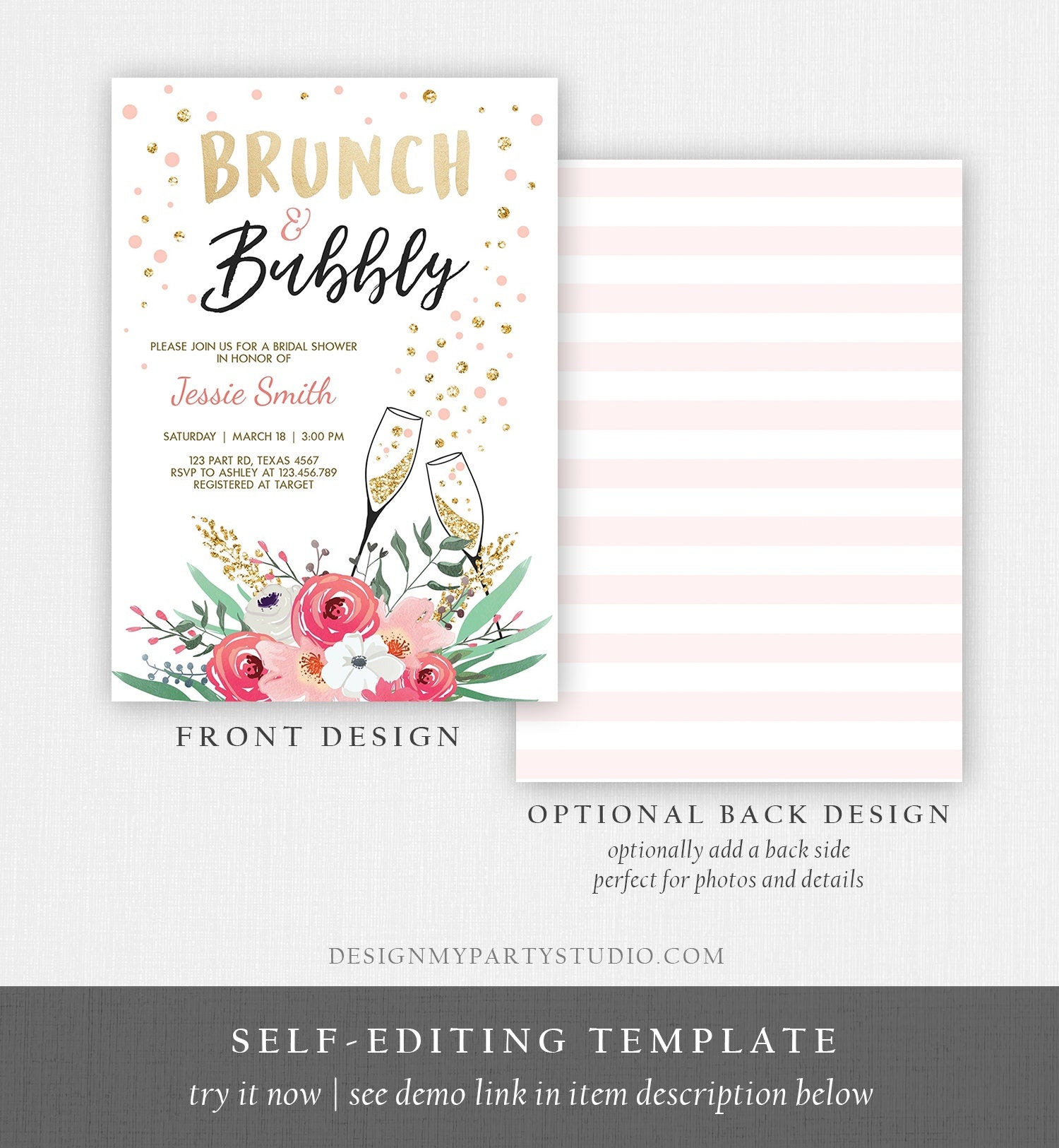 Editable Brunch and Bubbly Bridal Shower Invitation Floral Champagne Tea Party Gold Pink Wedding Digital Download Template Printable 0318