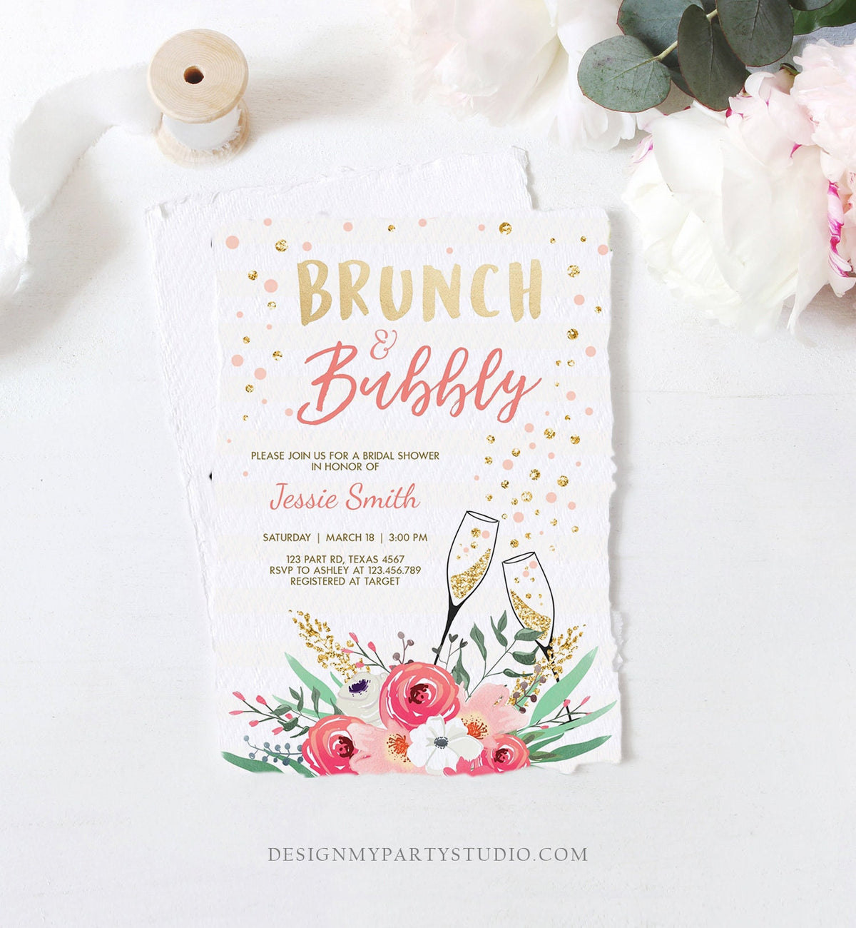 Editable Brunch and Bubbly Bridal Shower Invitation Floral Champagne Gold Pink Wedding Download Printable Template Digital Corjl 0318