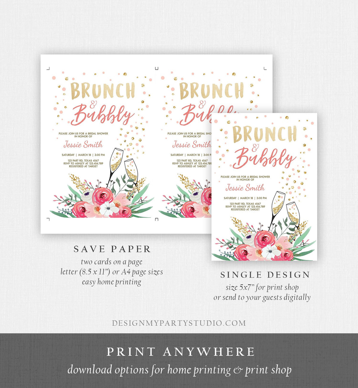 Editable Brunch and Bubbly Bridal Shower Invitation Floral Champagne Gold Pink Wedding Download Printable Template Digital Corjl 0318