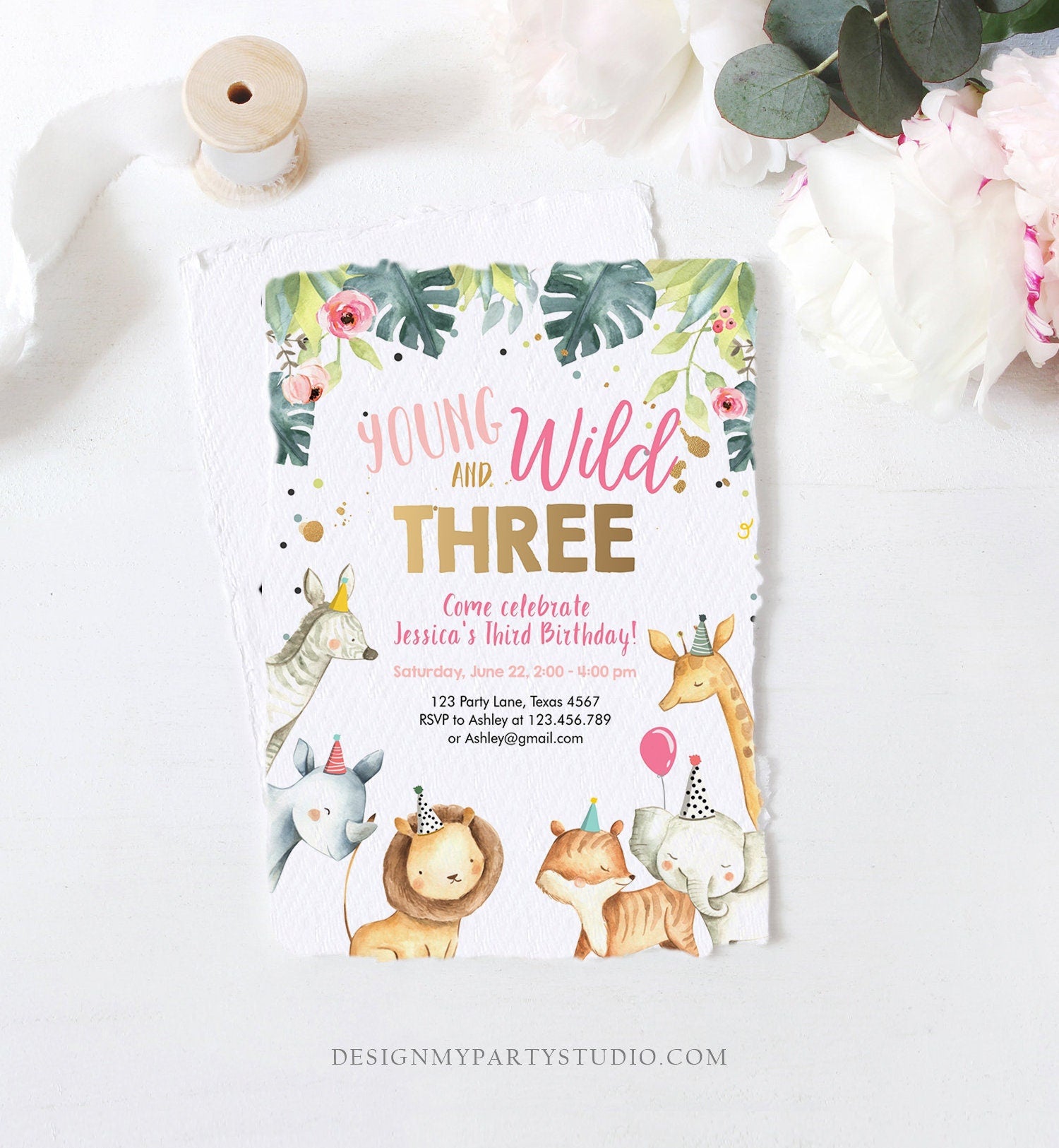 Editable Young Wild and Three Invitation Girl Pink Safari Animals Party Animals Zoo Digital Download Evite Template Printable 0163