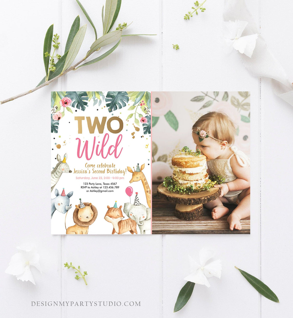 Editable Birthday Invitation Girl Two Wild Safari Animals Party Pink Gold Watercolor Zoo Digital Download Evite Template Printable 0163