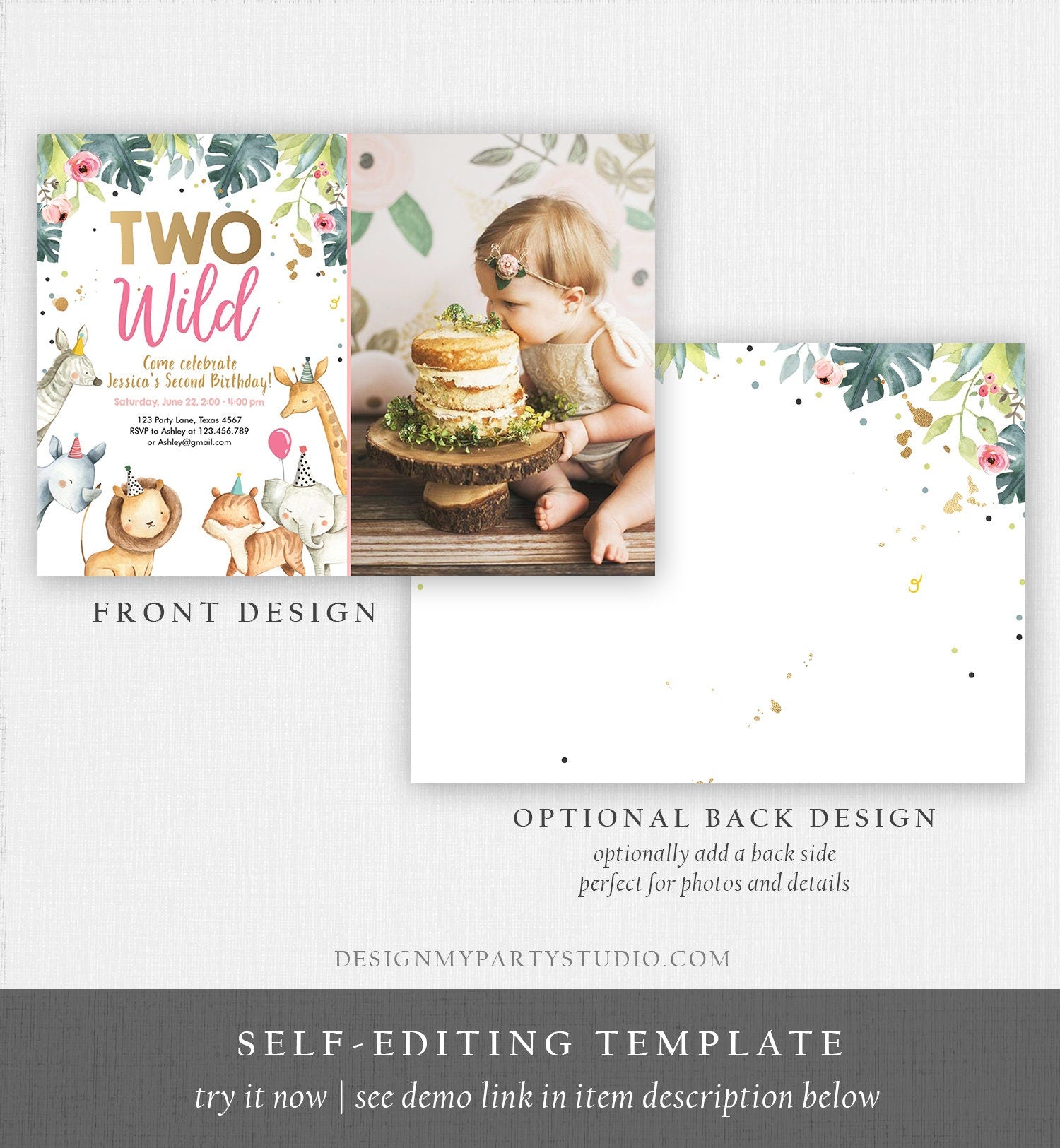 Editable Birthday Invitation Girl Two Wild Safari Animals Party Pink Gold Watercolor Zoo Digital Download Evite Template Printable 0163