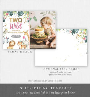 Editable Birthday Invitation Girl Two Wild Animals Invite Pink and Gold Safari Zoo Instant Download Printable Template Digital Corjl 0163