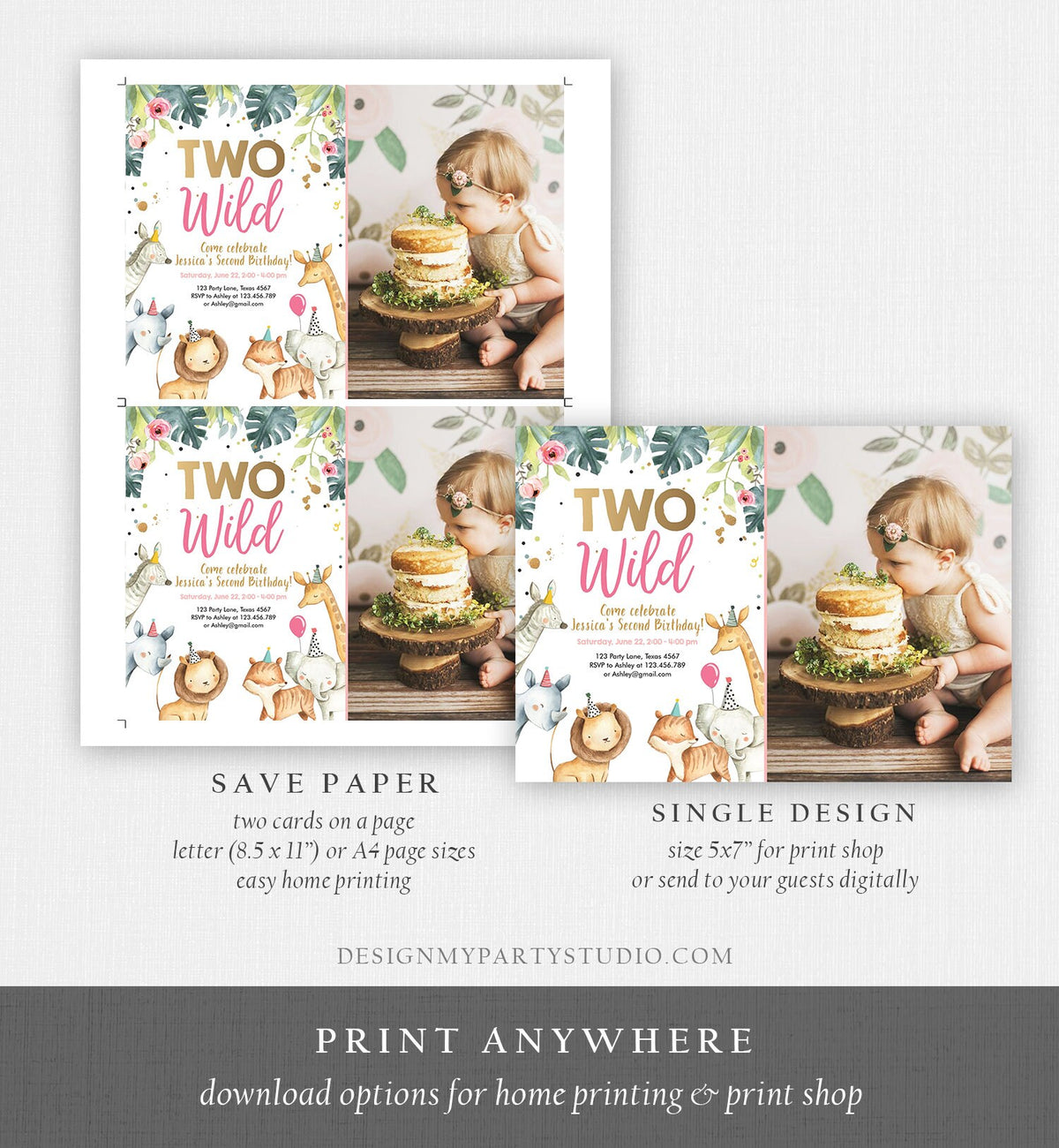 Editable Birthday Invitation Girl Two Wild Safari Animals Party Pink Gold Watercolor Zoo Digital Download Evite Template Printable 0163