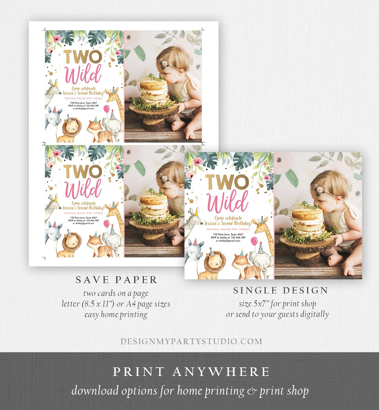 Editable Birthday Invitation Girl Two Wild Safari Animals Party Pink Gold Watercolor Zoo Digital Download Evite Template Printable 0163