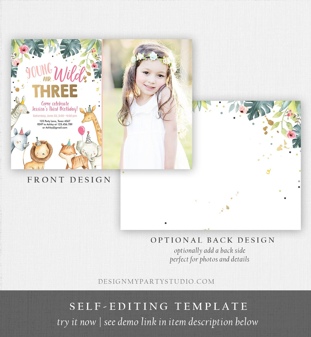 Editable Young Wild and Three Invitation Girl Pink Gold Third 3rd Safari Animals Watercolor Digital Download Evite Template Printable 0163