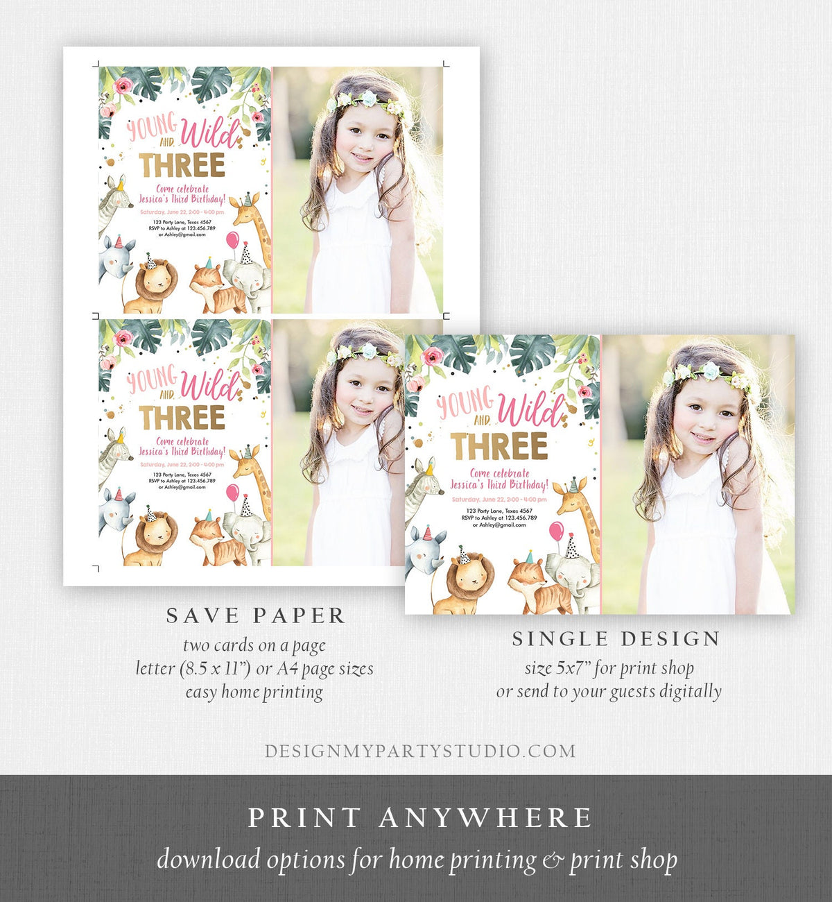 Editable Young Wild and Three Invitation Girl Pink Gold Third 3rd Safari Animals Watercolor Digital Download Evite Template Printable 0163