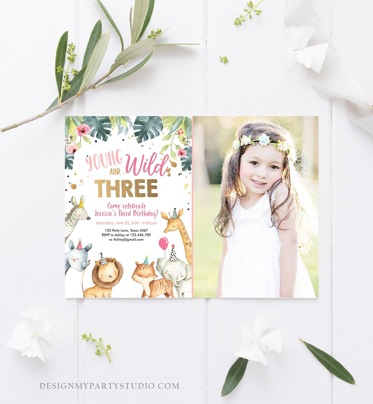 Editable Young Wild and Three Invitation Girl Pink Gold Third 3rd Safari Animals Watercolor Digital Download Evite Template Printable 0163