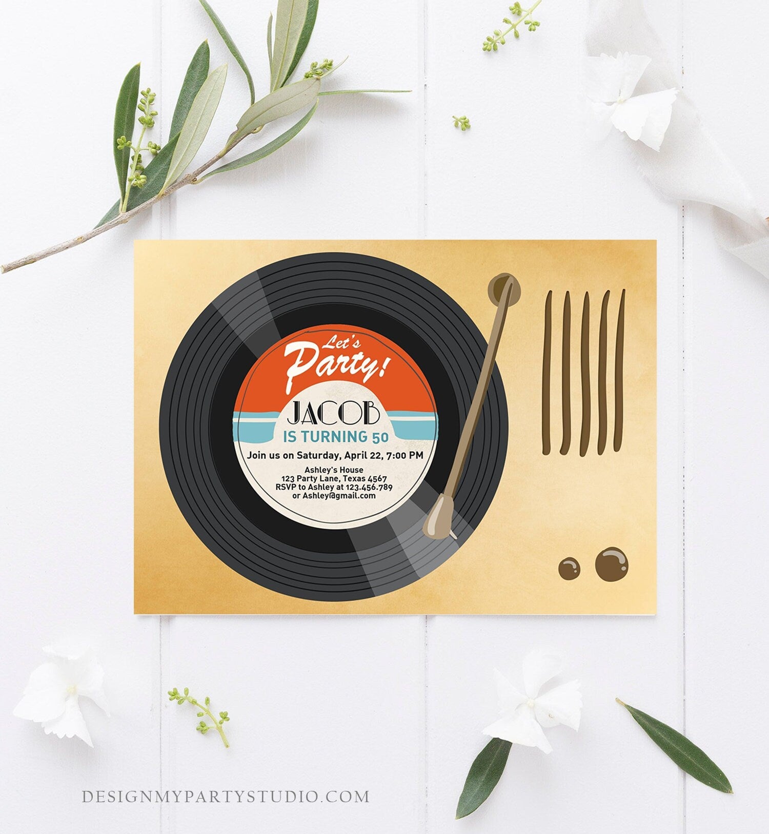 Editable Adult Birthday Invitation Vintage Vinyl Record Invite Oldies Retro Music Surprise Birthday Download Corjl Template Printable 0294