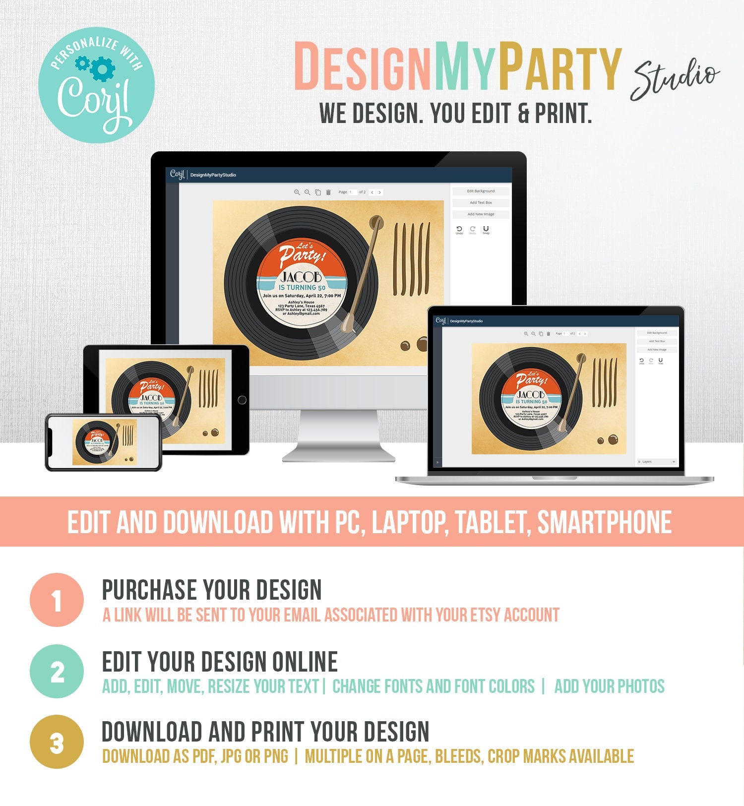 Editable Adult Birthday Invitation Vintage Vinyl Record Invite Oldies Retro Music Surprise Birthday Download Corjl Template Printable 0294