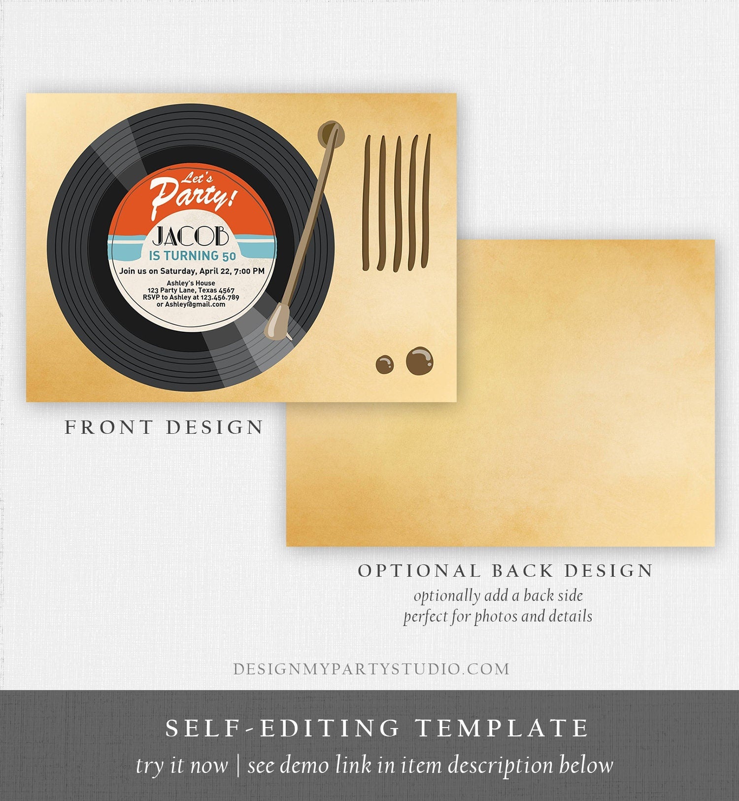 Editable Adult Birthday Invitation Vintage Vinyl Record Invite Oldies Retro Music Surprise Birthday Download Corjl Template Printable 0294