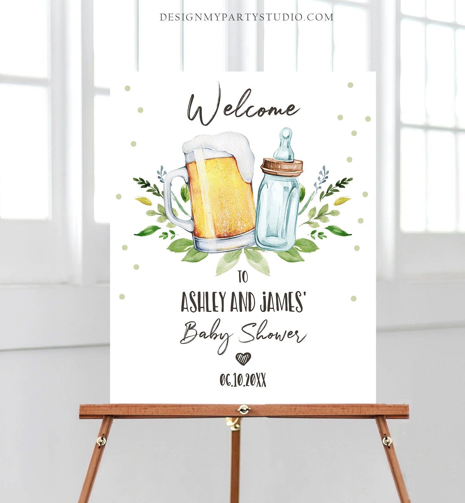 Editable A Baby is Brewing Welcome Sign Brewing Baby Shower Bottle and Beers Cheers Coed Couples Shower Gender Neutral Corjl Template 0190