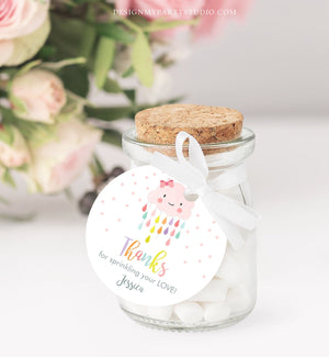 Editable Cloud Baby Shower Favor Tag Pink Bow Round Square Labels Cloud Thank You Tag Stickers Raindrops Sprinkle Shower Template Corjl 0036