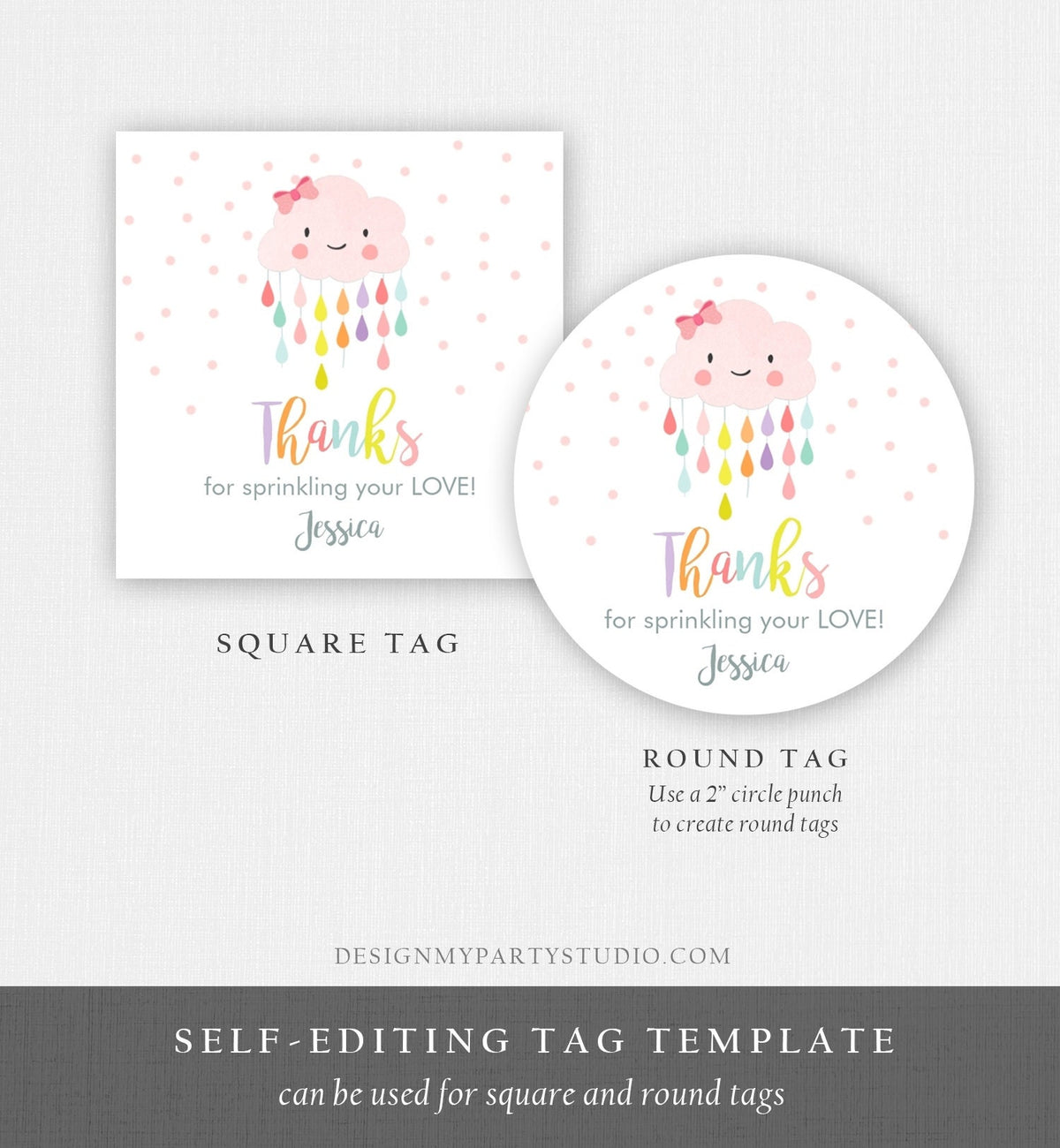 Editable Cloud Baby Shower Favor Tag Pink Bow Round Square Labels Cloud Thank You Tag Stickers Raindrops Sprinkle Shower Template Corjl 0036