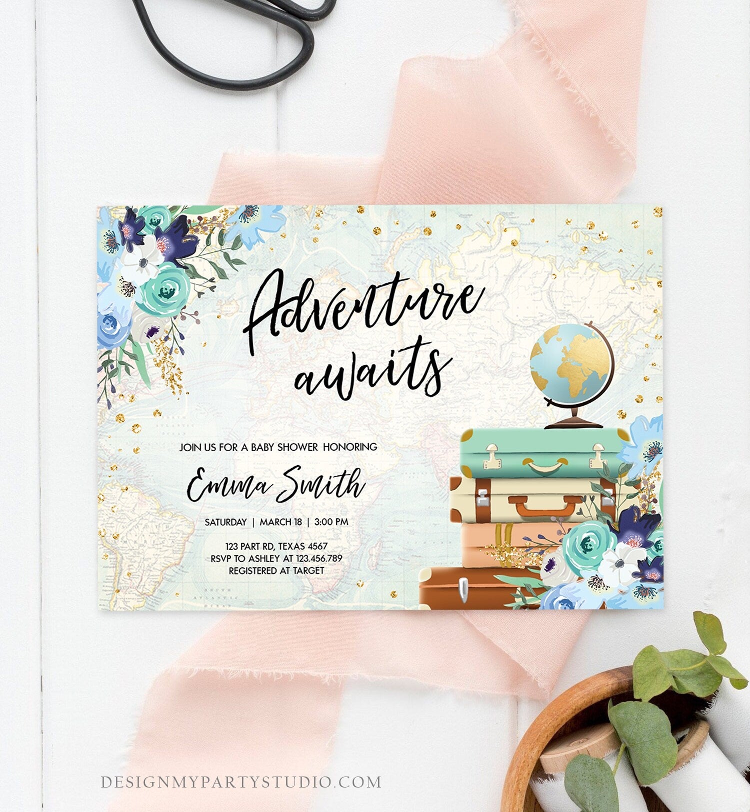 Editable Adventure Awaits Baby Shower Invitation Vintage Travel Around the World Blue Gold Floral Baby Boy Digital Template Printable 0030