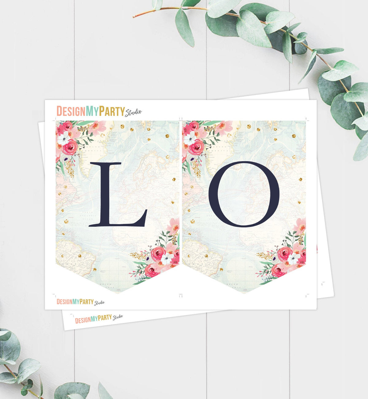 Love is an Adventure Banner Bridal Shower Traveling Travel Adventure Suitcases Gold Floral Pink Flowers Digital Download Printable 0030