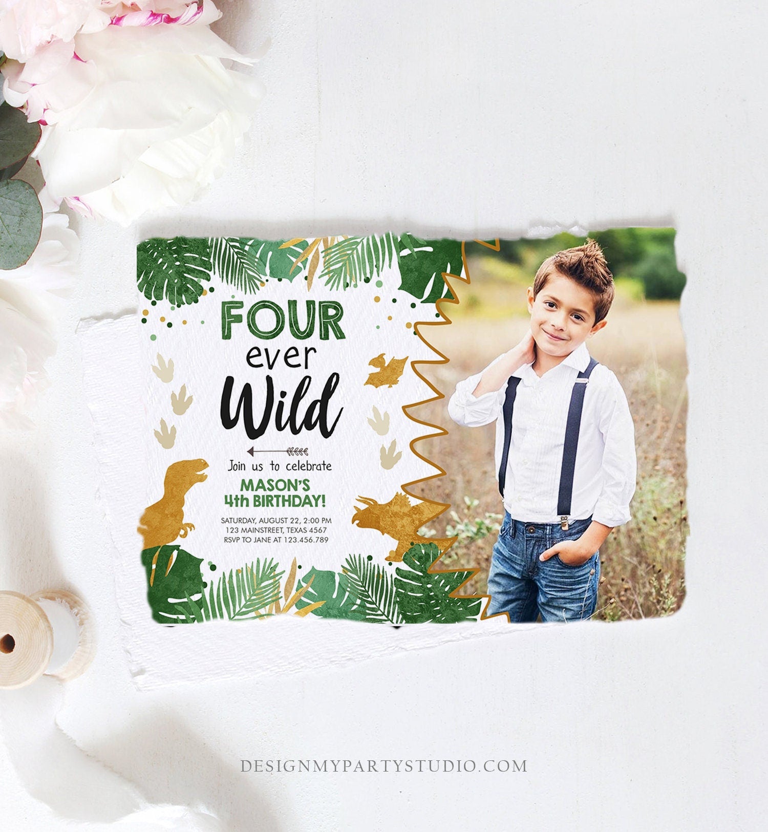 Editable Four Ever Wild Birthday Invitation Dinosaur Dino Party Boy 4th Fourth Birthday Green Gold Fourever Digital Template Printable 0146