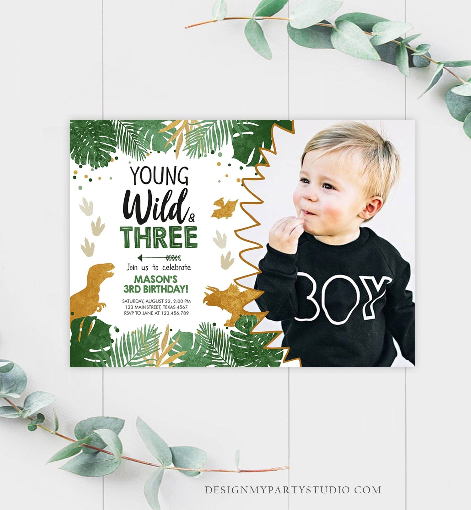 Editable Young Wild and Three Birthday Invitation Dinosaur Dino Party Boy 3rd Third Birthday Green Gold Black Corjl Template Printable 0146