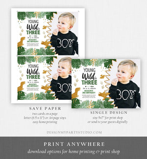 Editable Young Wild and Three Birthday Invitation Dinosaur Dino Party Boy 3rd Third Birthday Green Gold Black Corjl Template Printable 0146