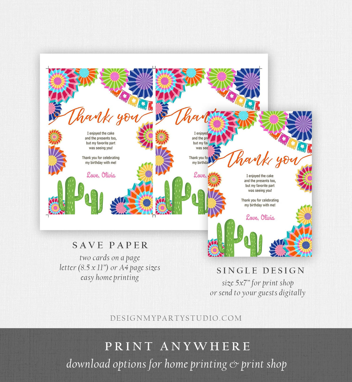 Editable Fiesta Birthday Thank You Card Insert Let&#39;s Fiesta Mexican Cactus Thank You Note Download Digital Corjl Template Printable 0236