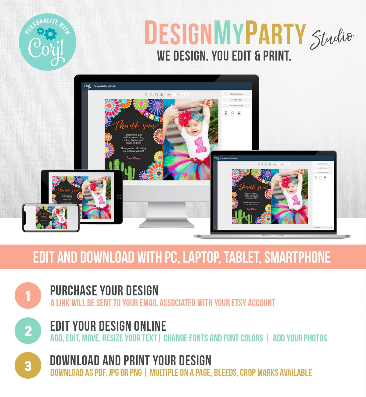 Editable Fiesta Birthday Thank You Card Insert Let&#39;s Fiesta Mexican Cactus Thank You Note Download Digital Corjl Template Printable 0236