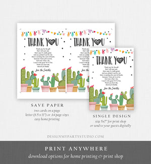 Editable Cactus Fiesta Thank You Card Baby Shower Sprinkle Birthday Thank You Insert Succulent Mexican Corjl Template Digital Download 0254
