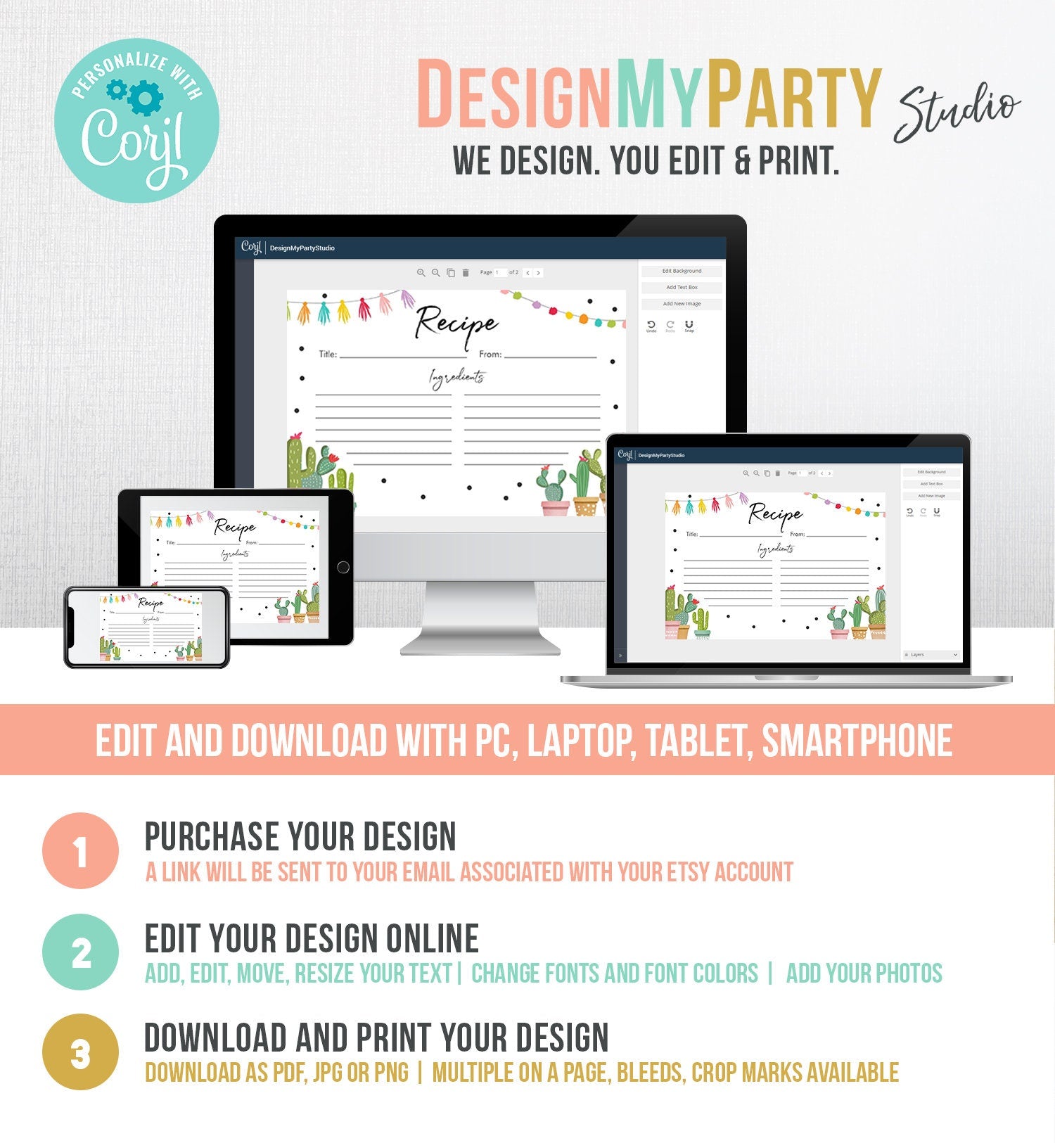 Editable Fiesta Cactus Recipe Card Fiesta Bridal Shower Baby Succulent Mexican Cooking Kitchen Digital Download Template Printable 0254