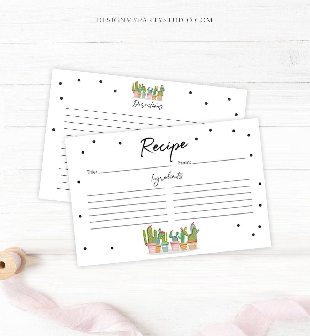 Editable Fiesta Cactus Recipe Cards Fiesta Bridal Shower Baby Succulent Mexican Double Sided 4x6 Digital Download Template Printable 0254