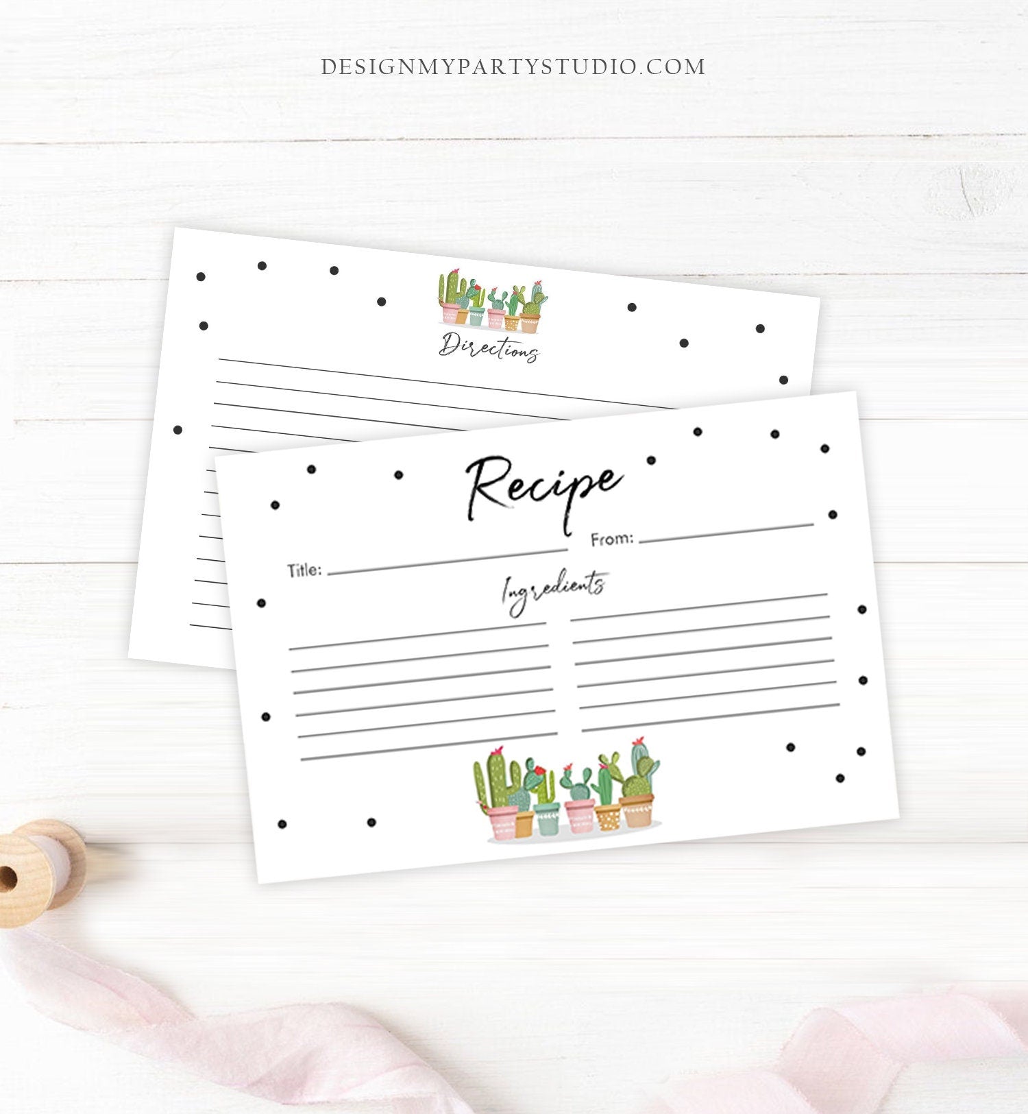 Editable Fiesta Cactus Recipe Cards Fiesta Bridal Shower Baby Succulent Mexican Double Sided 4x6 Digital Download Template Printable 0254