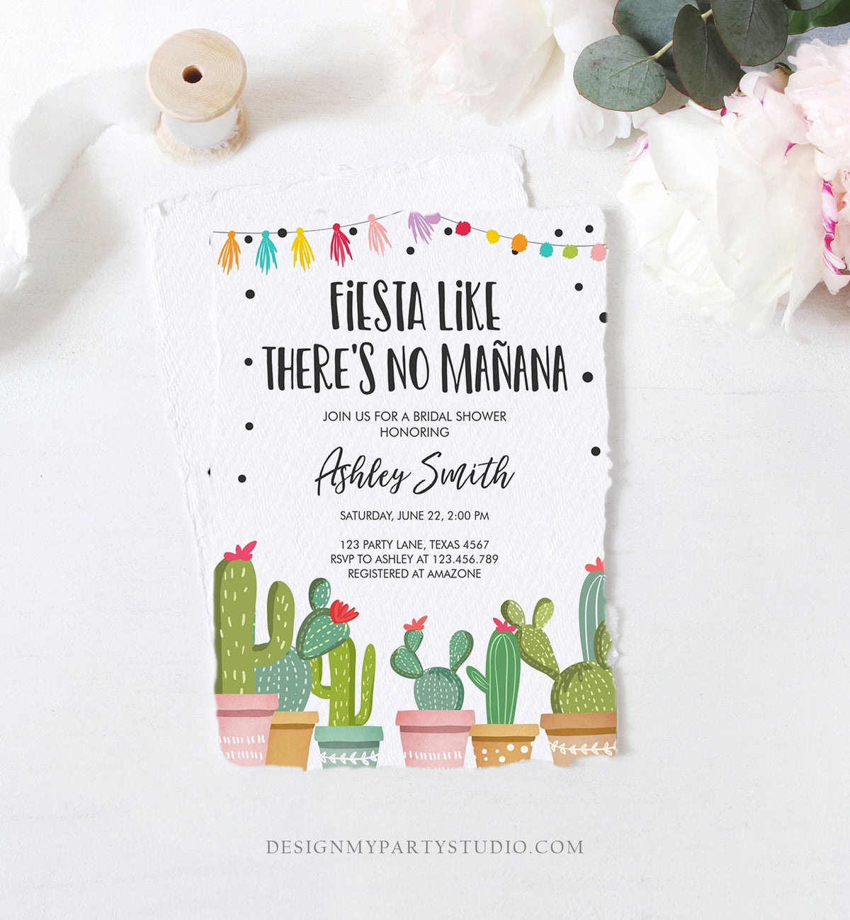Editable Fiesta Like There&#39;s No Manana Bridal Shower Invitation Mexican Cactus Succulent Digital Download Corjl Template Printable 0254