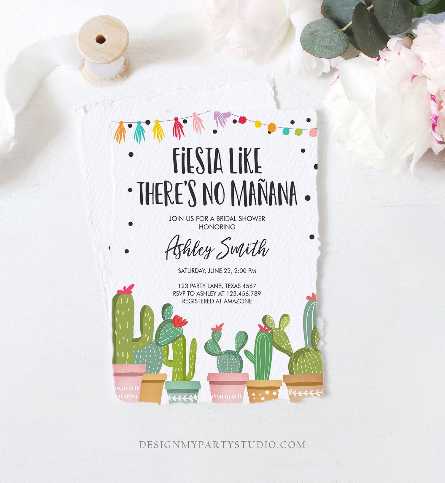 Editable Fiesta Like There's No Manana Bridal Shower Invitation Mexican Cactus Succulent Digital Download Corjl Template Printable 0254