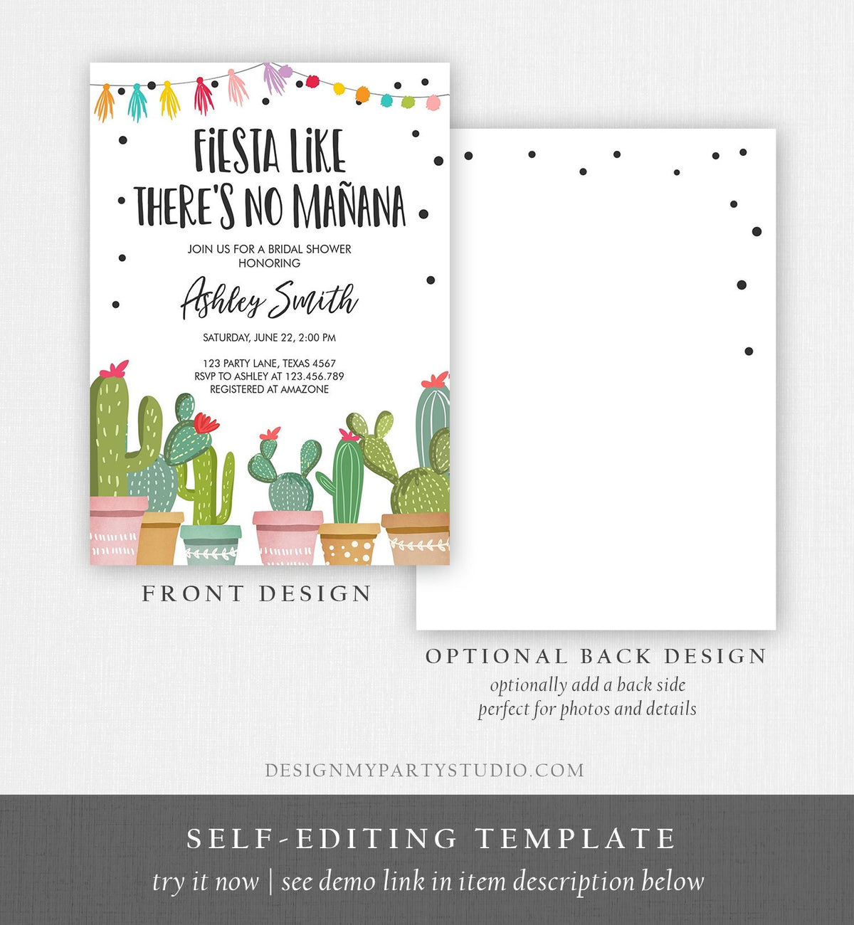 Editable Fiesta Like There&#39;s No Manana Bridal Shower Invitation Mexican Cactus Succulent Digital Download Corjl Template Printable 0254