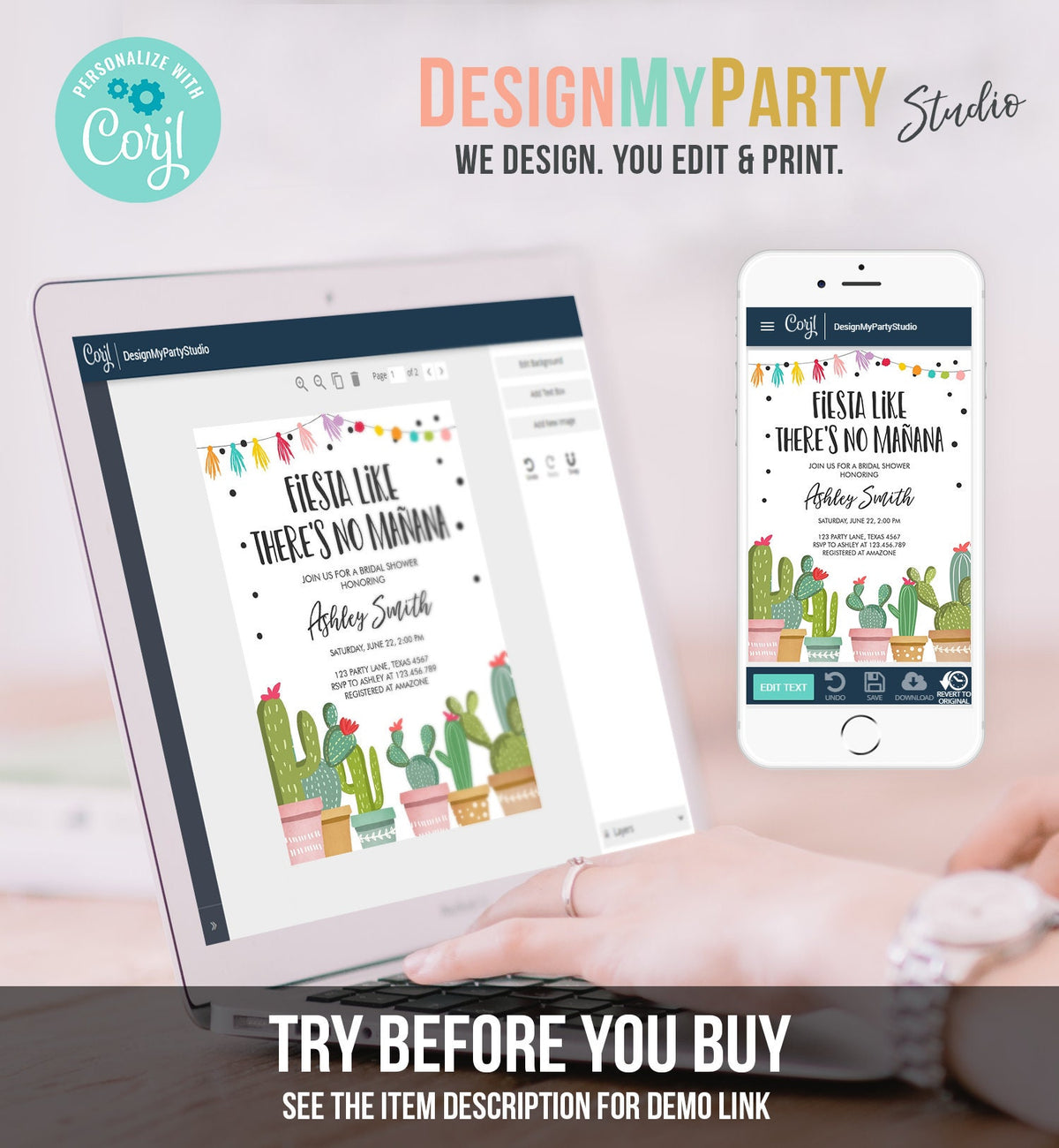 Editable Fiesta Like There&#39;s No Manana Bridal Shower Invitation Mexican Cactus Succulent Digital Download Corjl Template Printable 0254