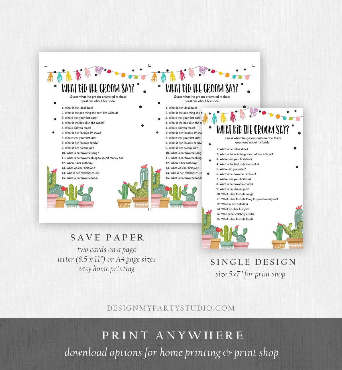 Editable What Did The Groom Say About His Bride Bridal Shower Game Cactus Fiesta Mexican Coed Activity Digital Template Printable 0254