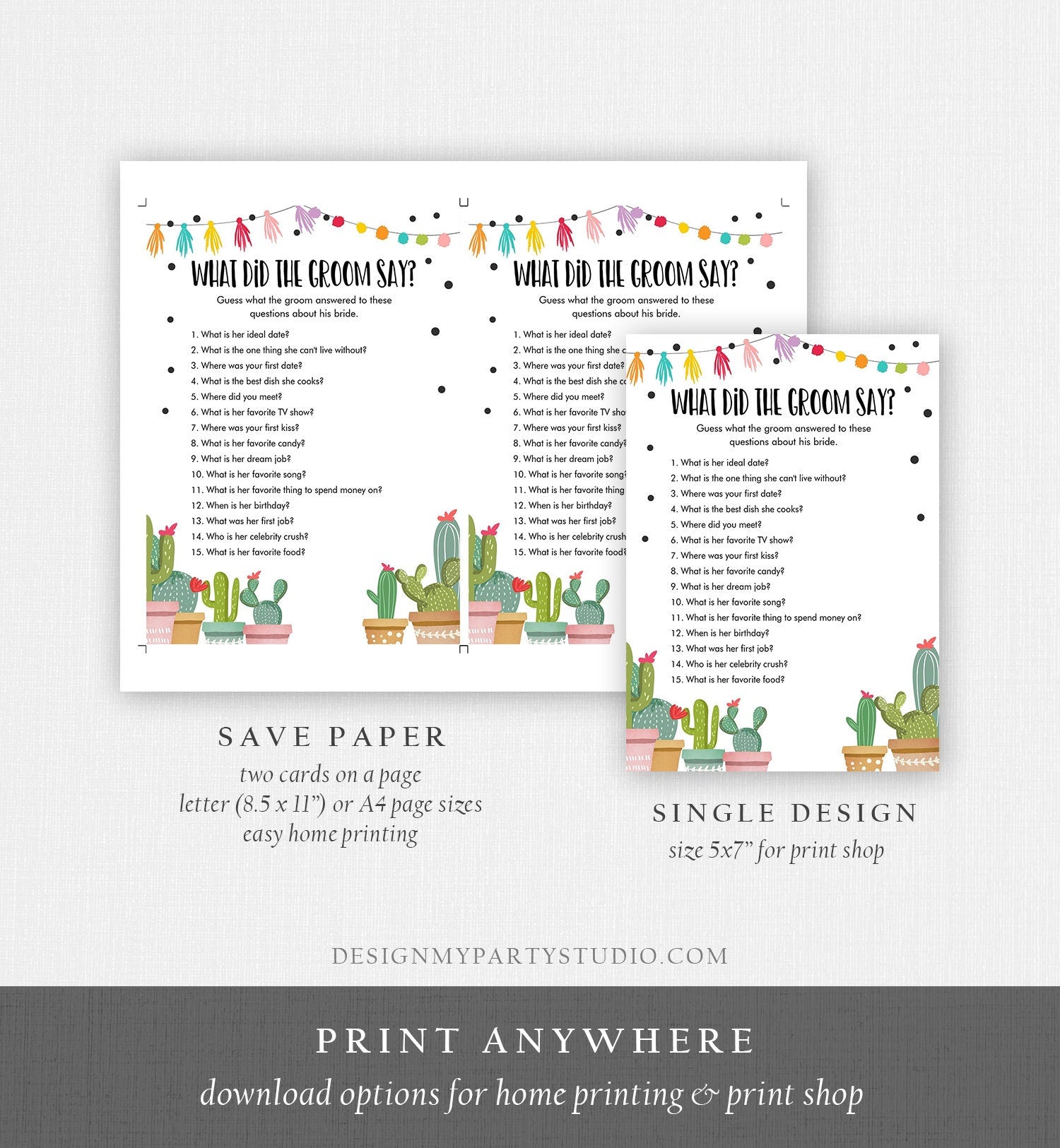 Editable What Did The Groom Say About His Bride Bridal Shower Game Cactus Fiesta Mexican Coed Activity Digital Template Printable 0254