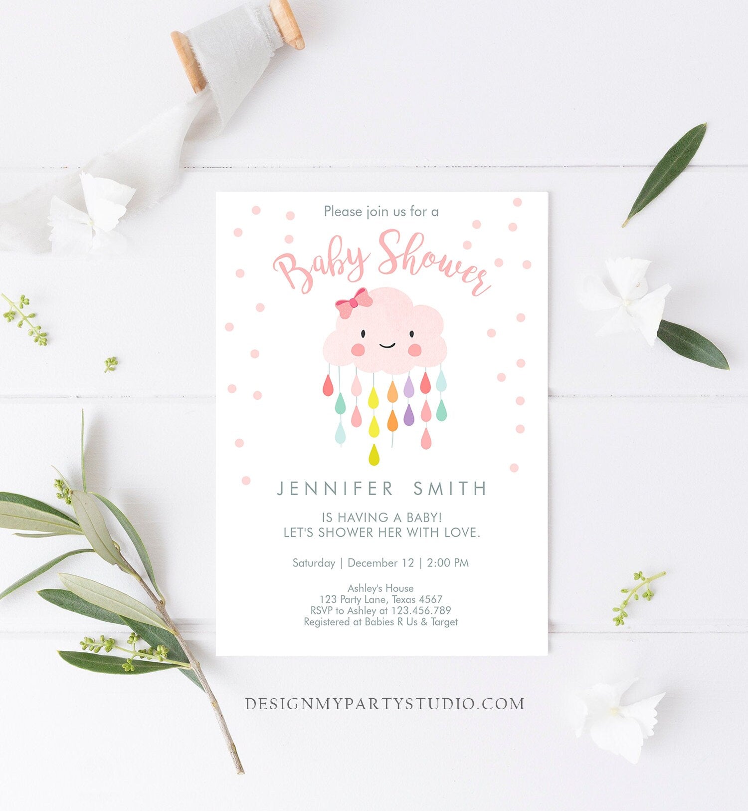 Editable Cloud Baby Shower Invitation Raindrop Baby Sprinkle Shower With Love Rain Drops Girl Pink Digital Download Template Printable 0036