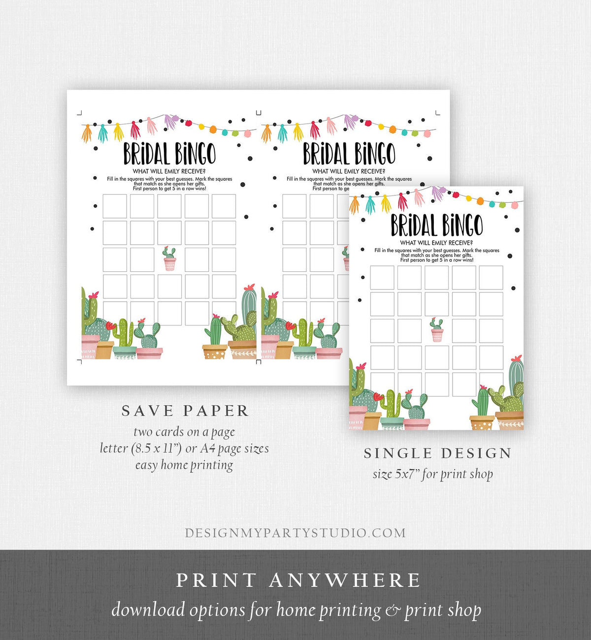 Editable Bridal Bingo Bridal Shower Game Cactus Fiesta Mexican Coed Shower Games Succulent Wedding Activity Corjl Template Printable 0254
