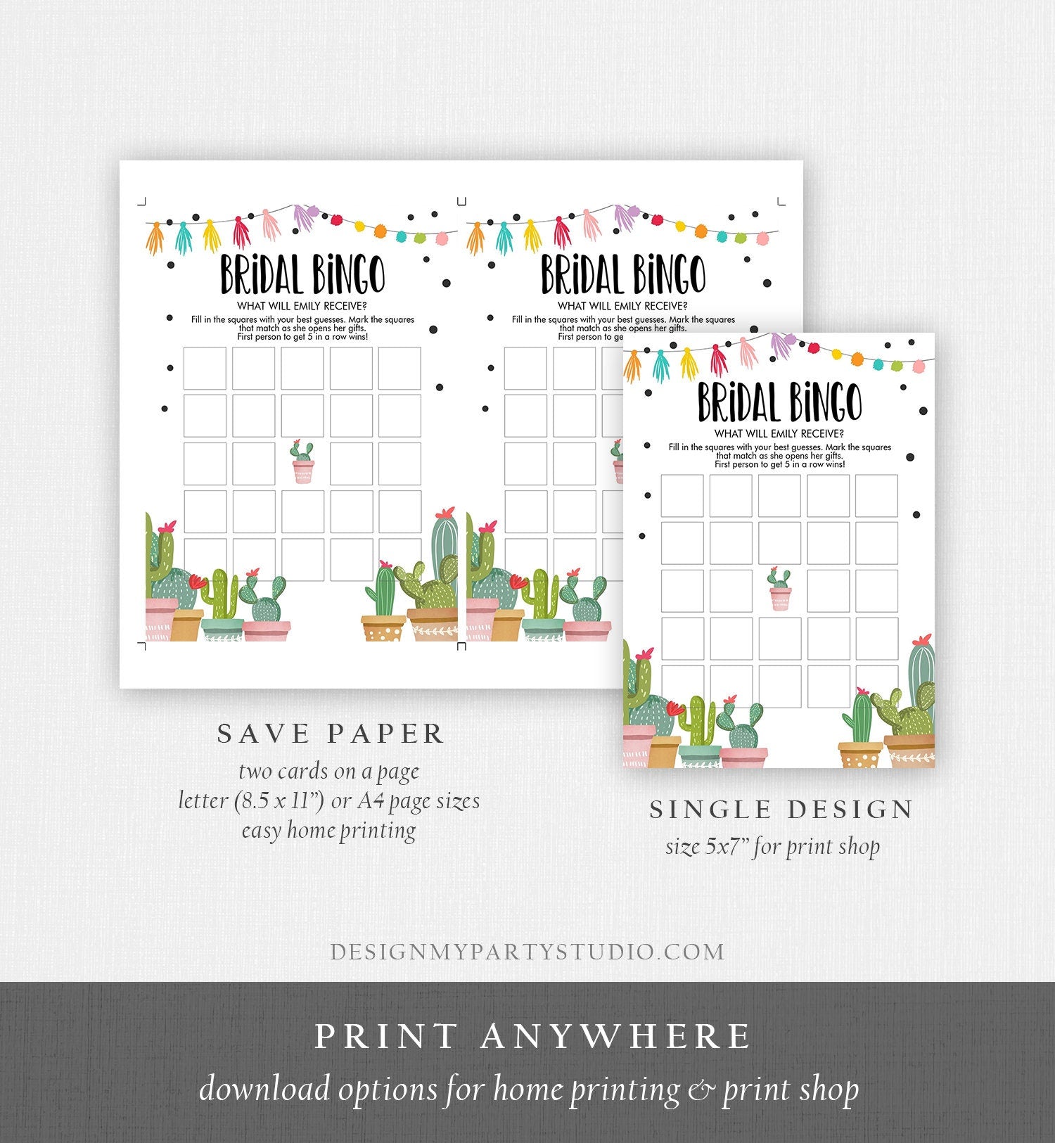 Editable Bridal Bingo Bridal Shower Game Cactus Fiesta Mexican Coed Shower Games Succulent Wedding Activity Corjl Template Printable 0254