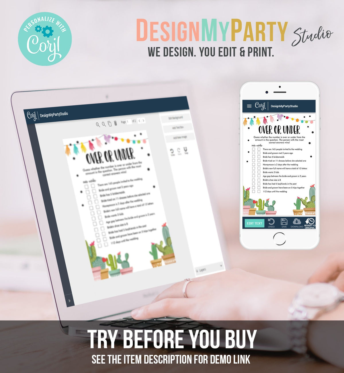 Editable Over or Under Bridal Shower Game Cactus Fiesta Mexican Coed Shower Games Succulent Wedding Activity Corjl Template Printable 0254