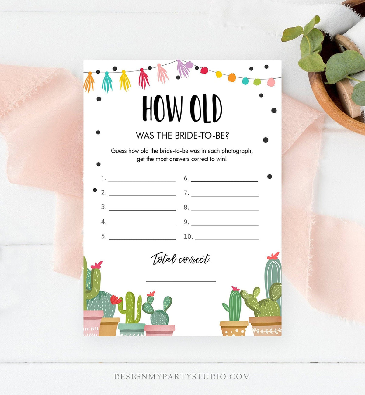 Editable How Old Was The Bride Bridal Shower Game Cactus Fiesta Mexican Coed Shower Games Wedding Activity Digital Template Printable 0254