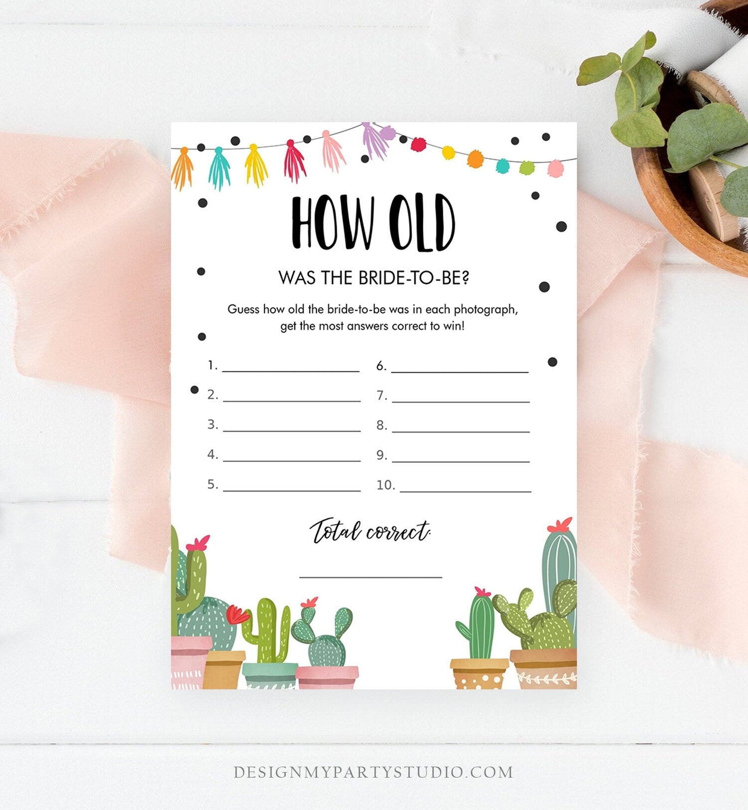 Editable How Old Was The Bride Bridal Shower Game Cactus Fiesta Mexican Coed Shower Games Wedding Activity Corjl Template Printable 0254