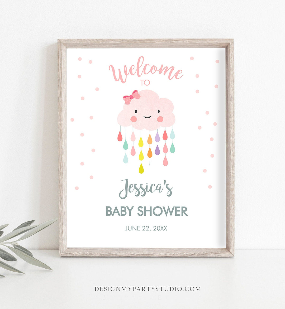 Editable Welcome Sign Baby Shower Cloud Welcome Baby Sprinkle Raindrops Rain Cloud Rainbow Girl Pink Rainbow Digital Template Printable 0036