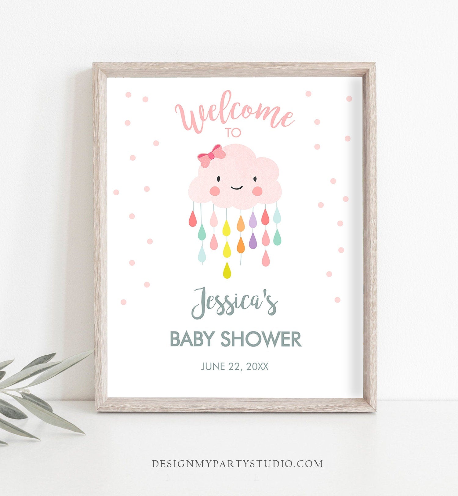 Editable Welcome Sign Baby Shower Cloud Welcome Baby Sprinkle Raindrops Rain Cloud Rainbow Girl Pink Rainbow Digital Template Printable 0036