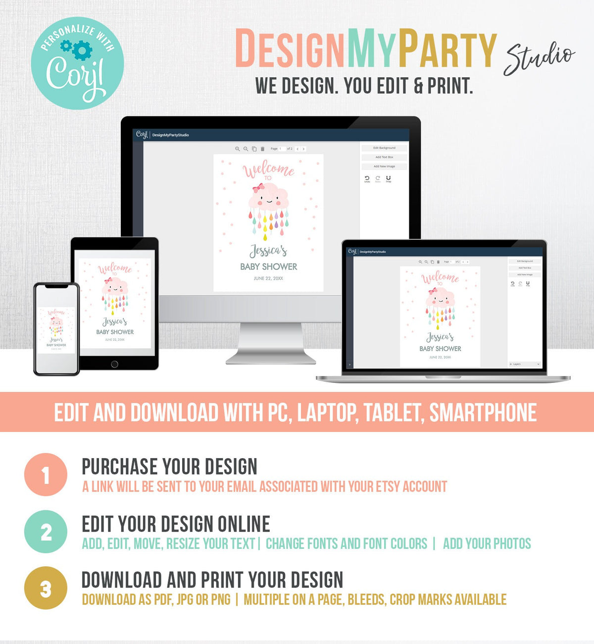 Editable Welcome Sign Baby Shower Cloud Welcome Baby Sprinkle Raindrops Rain Cloud Rainbow Girl Pink Rainbow Digital Template Printable 0036