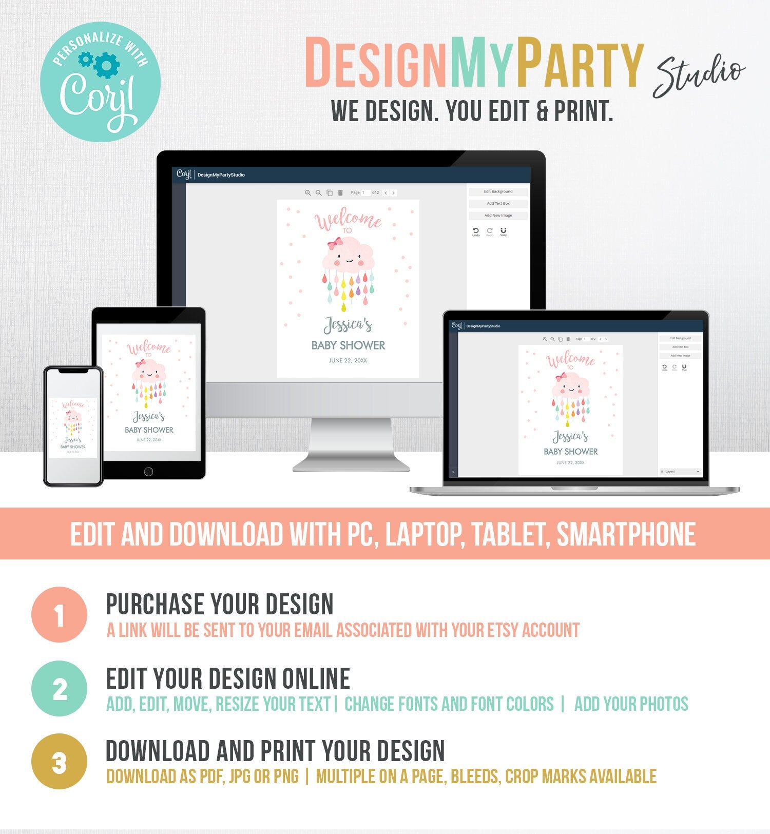 Editable Welcome Sign Baby Shower Cloud Welcome Baby Sprinkle Raindrops Rain Cloud Rainbow Girl Pink Rainbow Digital Template Printable 0036