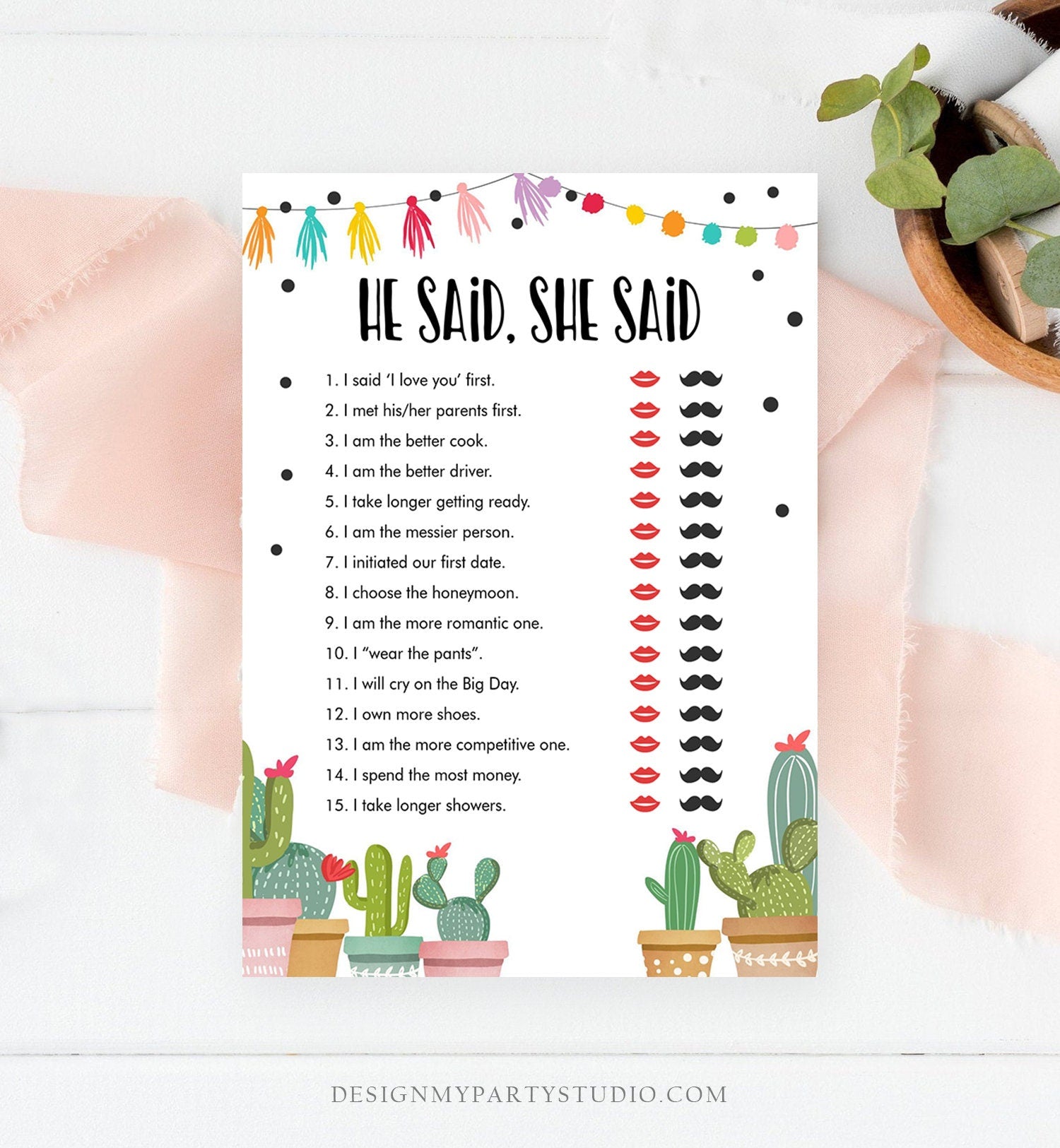 Editable He Said She Said Bridal Shower Game Cactus Fiesta Mexican Coed Shower Succulent Wedding Activity Corjl Template Printable 0254