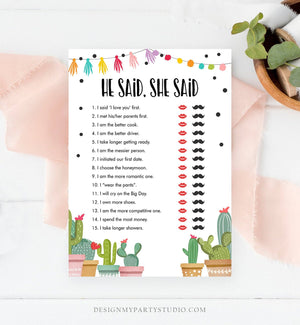 Editable He Said She Said Bridal Shower Game Cactus Fiesta Mexican Coed Shower Succulent Wedding Activity Corjl Template Printable 0254